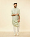 alt message - Manyavar Men Tea Green Bel Buti Patterned Drape Detailed Kurta Jacket Set image number 3